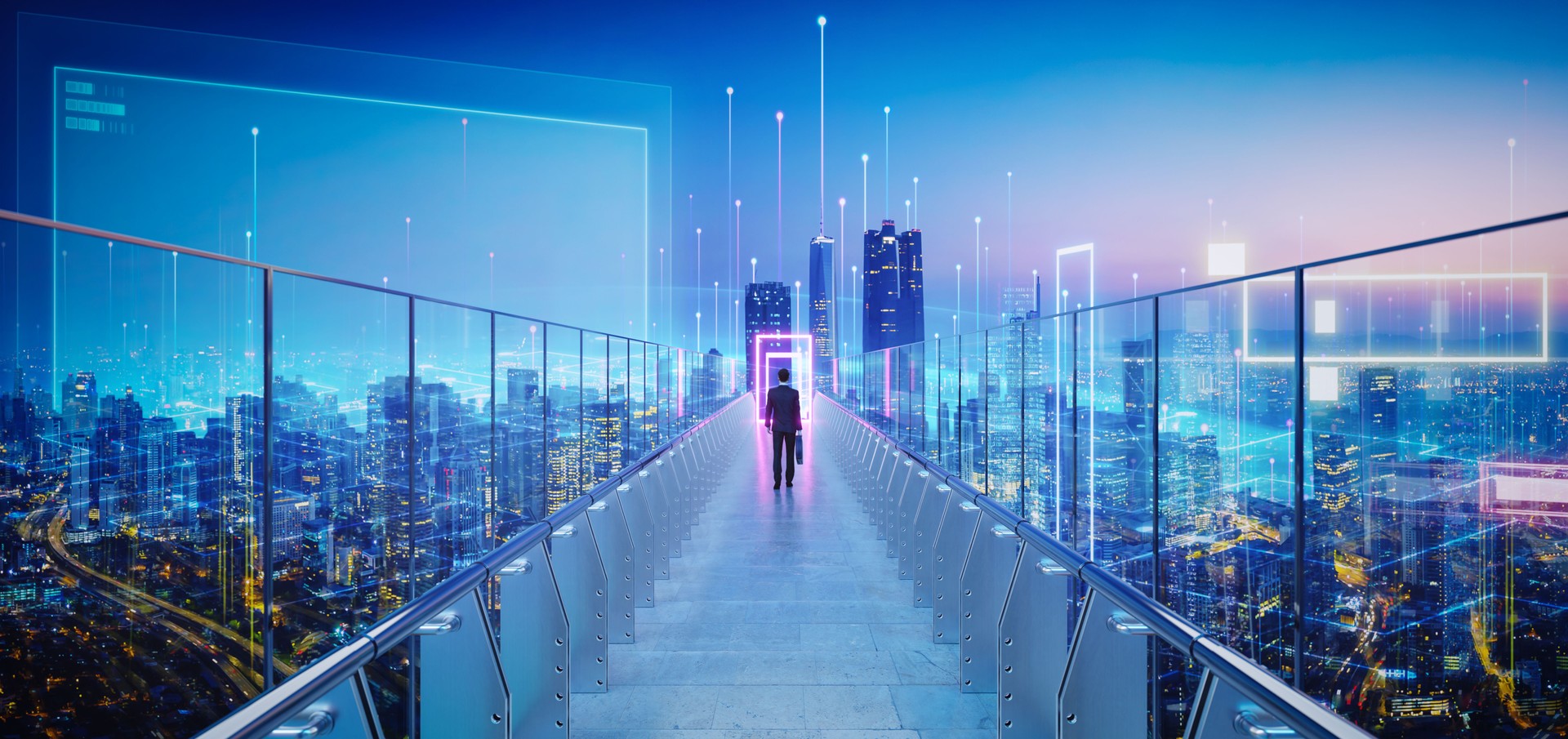 Businessman walking on futuristic bridge to glowing portal above cityscape